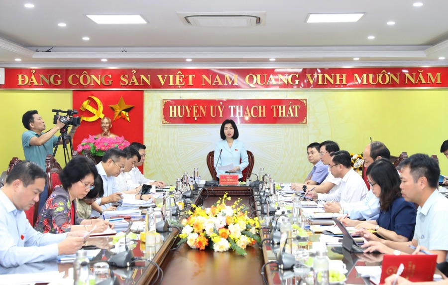 Phó Chủ tịch Thường trực HĐND thành phố Hà Nội Phùng Thị Hồng Hà, Trưởng Đoàn giám sát số 1 phát biểu tại buổi làm việc với huỵện Thạch Thất.