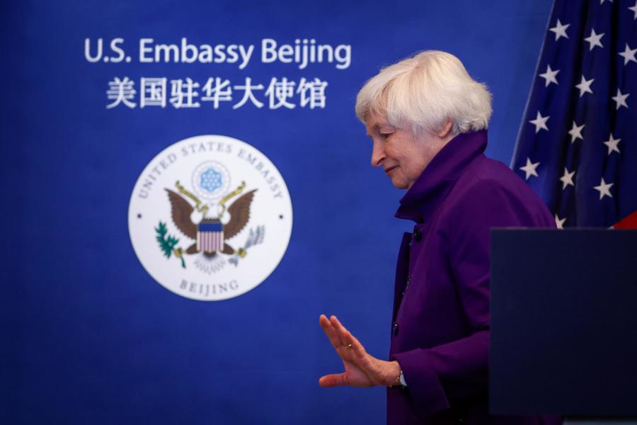 Bộ trưởng Tài chính Mỹ Janet Yellen trong cuộc họp báo tại Đại sứ quán Mỹ ở Bắc Kinh, Trung Quốc, ngày 9/7. Ảnh: EFE-EPA