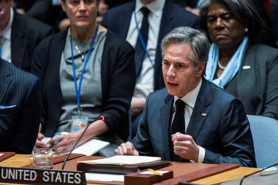Ngoại trưởng Mỹ Antony Blinken tại cuộc họp của Hội đồng Bảo an Liên Hợp quốc về tình trạng mất an ninh lương thực do xung đột gây ra hôm 3/8. Ảnh: Reuters