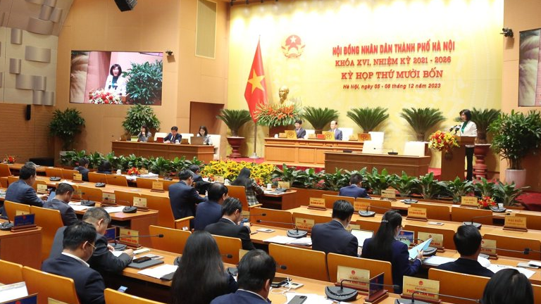 Quang cảnh Kỳ họp thứ 14 HĐND TP Hà Nội khóa XVI, nhiệm kỳ 2021-2026 (Ảnh: Thanh Hải)