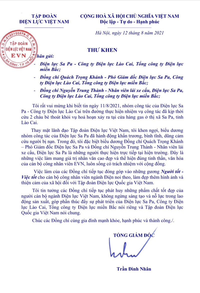 Tổng giám đốc Tập đoàn Điện lực Việt Nam gửi thư khen nhóm công tác của Điện lực Sapa kịp thời cứu 2 cháu bé thoát khỏi vụ hỏa hoạn - Ảnh 2