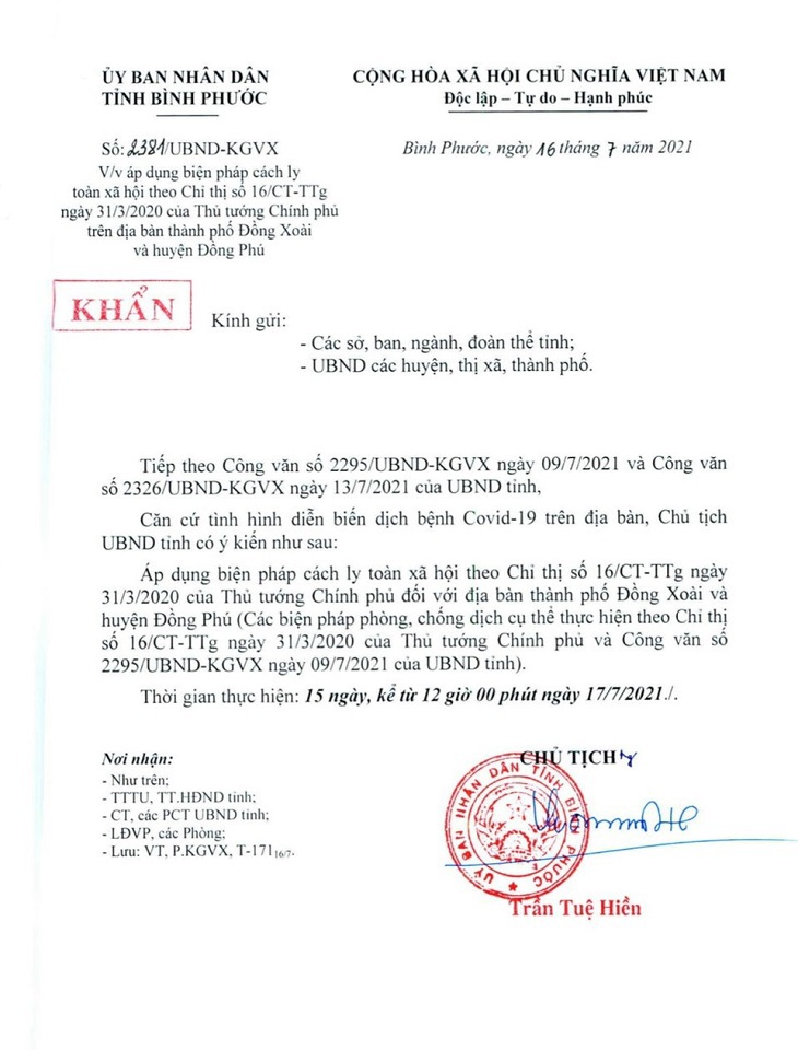 Bình Phước: Thêm huyện Đồng Phú và TP Đồng Xoài giãn cách theo Chỉ thị 16 - Ảnh 1