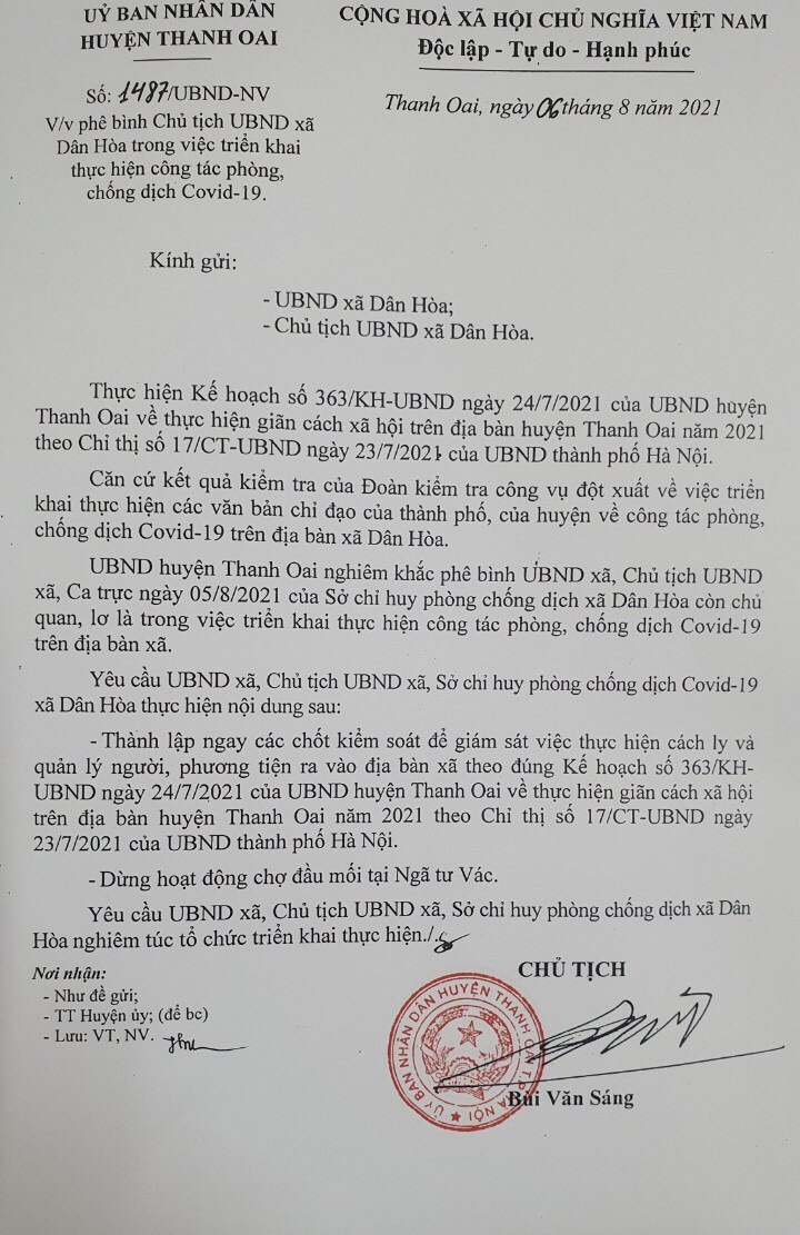 Thanh Oai: Chủ tịch UBND xã Dân Hòa bị phê bình do lơi là phòng, chống dịch Covid-19 - Ảnh 1