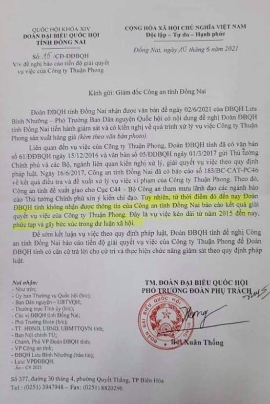 Đoàn Đại biểu Quốc hội khóa XIV tỉnh Đồng Nai đề nghị Công an tỉnh báo cáo vụ Công ty Thuận Phong - Ảnh 1