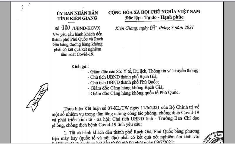 Từ 0 giờ ngày 9/7: Hành khách đến Rạch Giá, Phú Quốc bằng máy bay phải có xét nghiệm âm tính SARS-CoV-2 - Ảnh 1