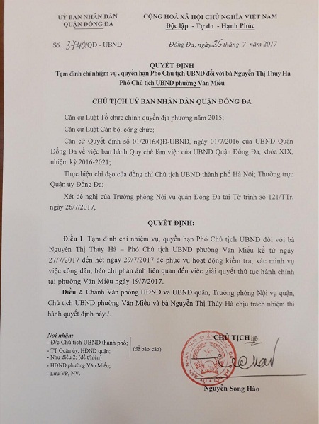 Hà Nội: Tạm đình chỉ nhiệm vụ Phó Chủ tịch UBND phường Văn Miếu - Ảnh 2