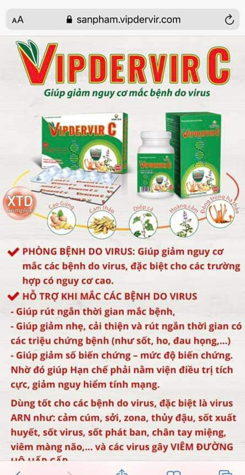 Thực phẩm chức năng Vipdervir-C chưa được Cục ATTP cấp phép quảng cáo - Ảnh 1