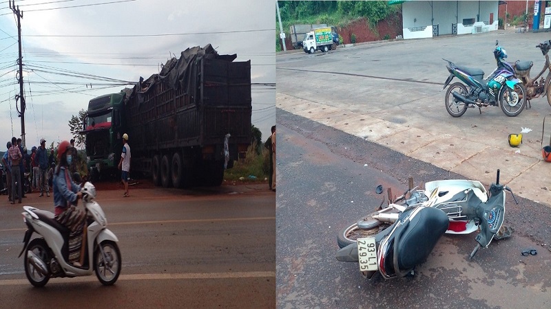 Bình Phước: Xe tải đụng 3 xe máy, 4 người chết và bị thương - Ảnh 1