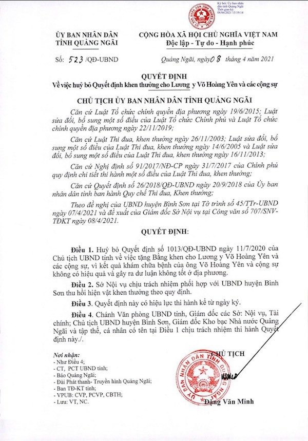 Quảng Ngãi hủy bỏ quyết định khen thưởng "lương y" Võ Hoàng Yên - Ảnh 2
