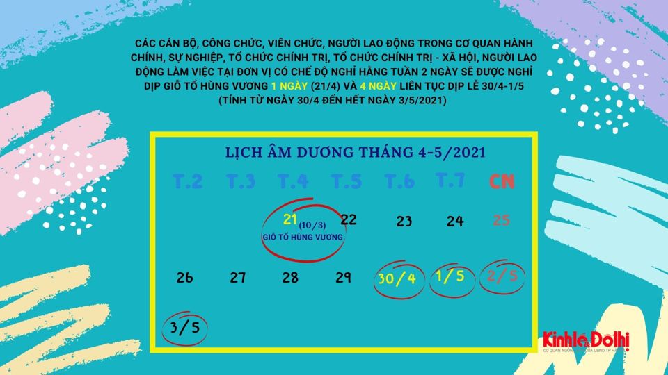 [Infographic] Lịch nghỉ Giổ tổ Hùng Vương và 30/4 - 1/5 năm 2021 - Ảnh 1