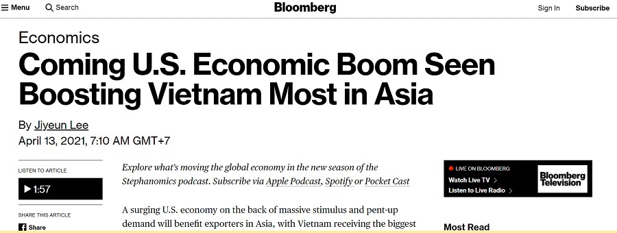 Bloomberg: Kinh tế Mỹ khởi sắc, tăng trưởng Việt Nam có thêm đòn bẩy - Ảnh 1