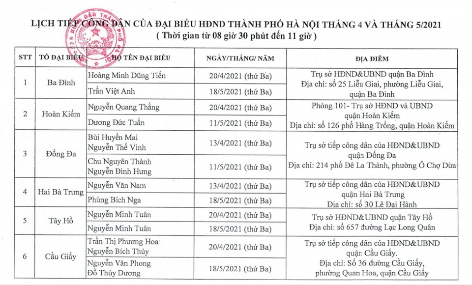 Lịch tiếp công dân của đại biểu HĐND TP Hà Nội trong tháng 4 và 5/2021 - Ảnh 1