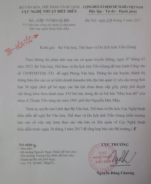 Sở Văn hóa tỉnh Tiền Giang phải giải trình vì sao cấm phổ biến bài hát “Màu hoa đỏ” - Ảnh 1