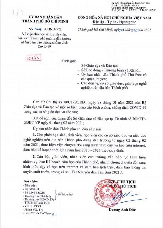 TP Hồ Chí Minh: Học sinh được nghỉ học từ ngày mai 2/2 để chống dịch Covid-19 - Ảnh 1