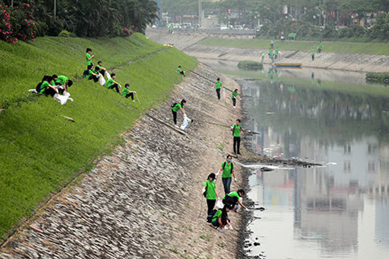 Hàng trăm bạn trẻ dọn rác trên sông Tô Lịch - Ảnh 1
