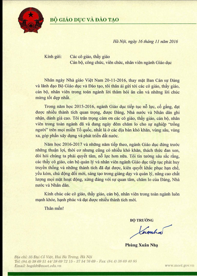 Bộ trưởng Phùng Xuân Nhạ gửi thư chúc mừng giáo viên nhân ngày 20/11 - Ảnh 1