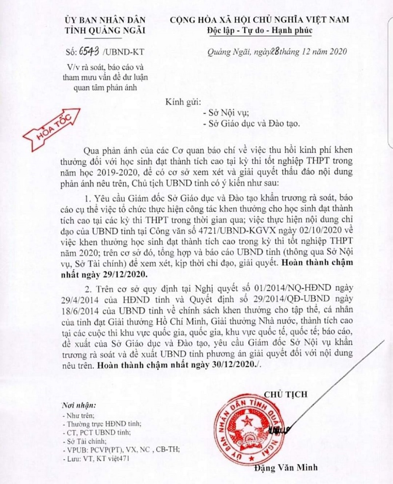 Chủ tịch UBND tỉnh Quảng Ngãi yêu cầu khẩn trương báo cáo vụ thu hồi 3,5 tỷ đồng tiền thưởng - Ảnh 1