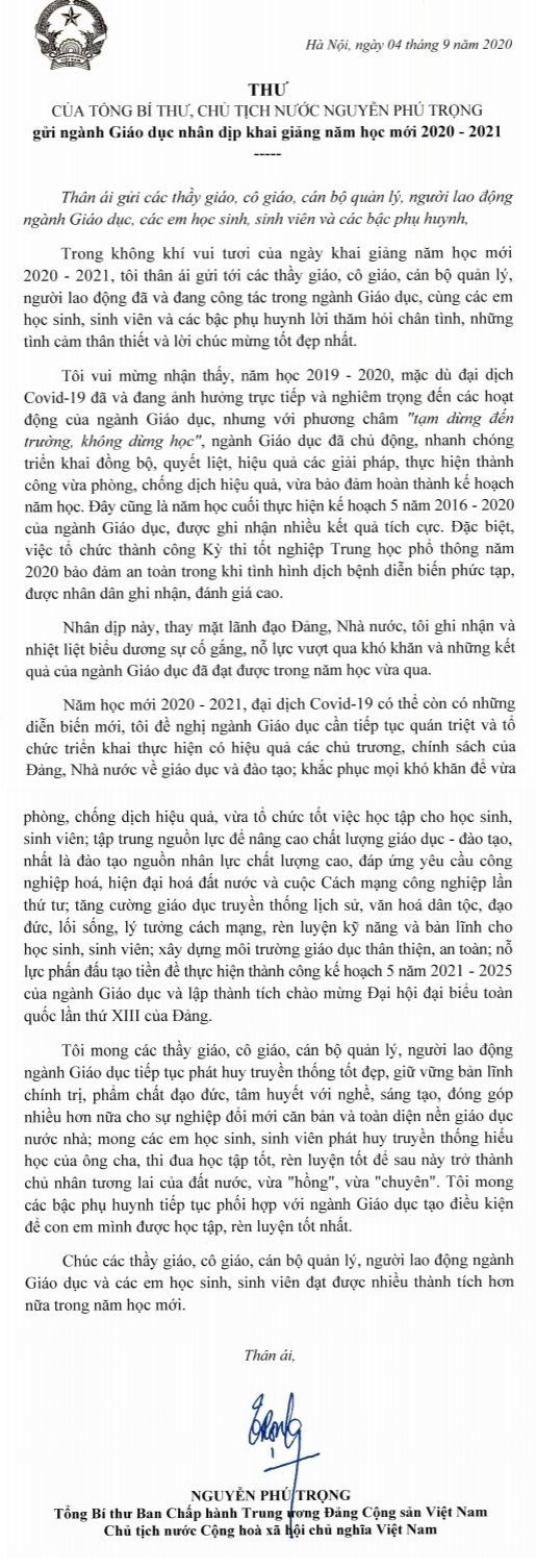 Tổng Bí thư, Chủ tịch nước Nguyễn Phú Trọng gửi thư cho ngành Giáo dục nhân dịp khai giảng năm học mới - Ảnh 2
