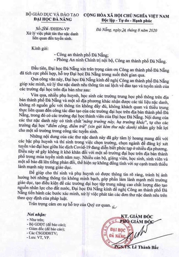 Thư nặc danh “bôi nhọ” nhiều trường thành viên, Đại học Đà Nẵng kiến nghị công an vào cuộc - Ảnh 1