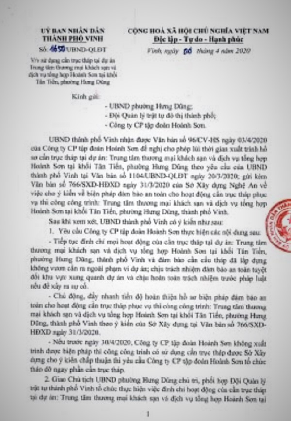 TP Vinh: Công ty CP Tập đoàn Hoành Sơn bị đình chỉ hoạt động cần trục tháp - Ảnh 2