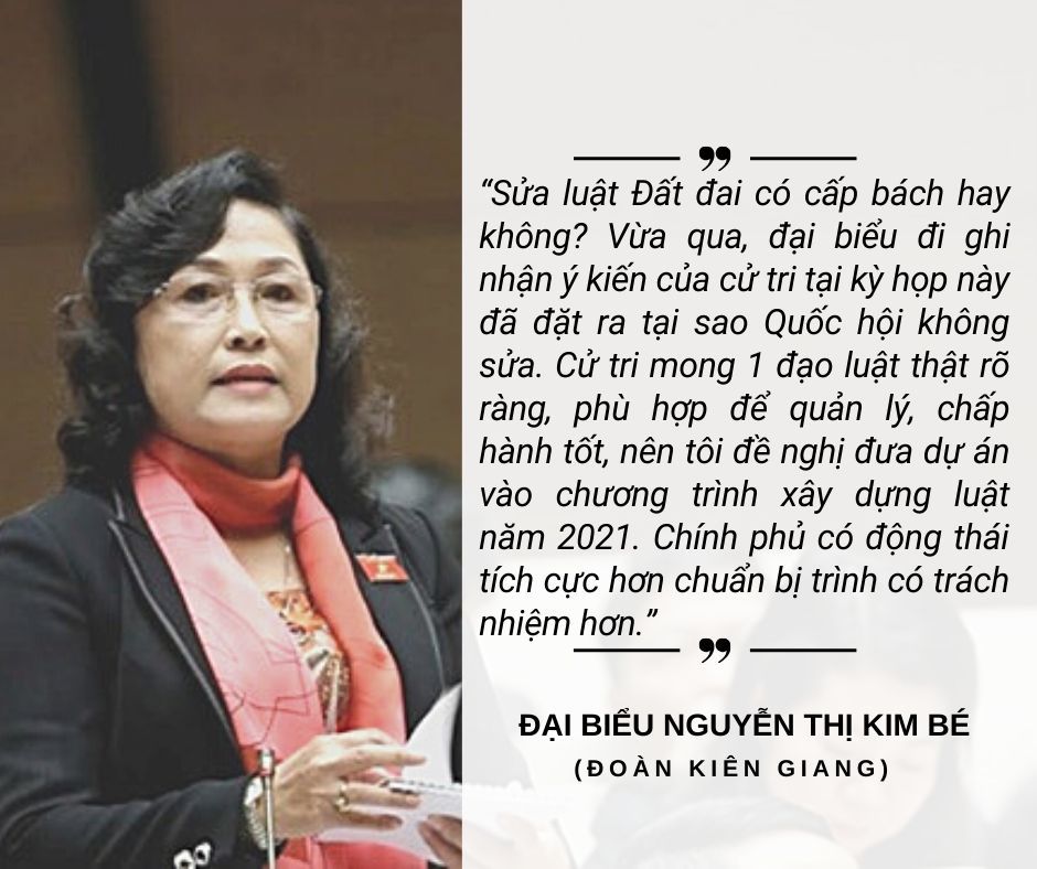 đại biểu quốc hội Nguyễn Thị Kim Bé bức xúc vì trì hoãn Luật Đất đai