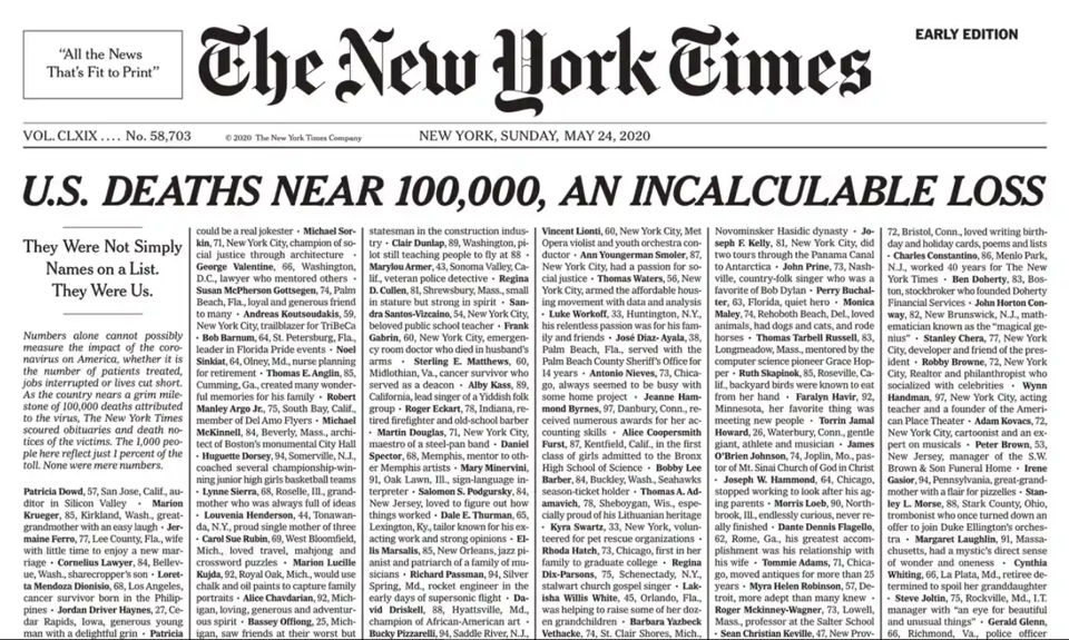 1.000 ca tử vong Covid-19 tràn trang nhất Thời báo New York - Ảnh 1