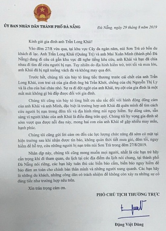 Đà Nẵng gửi thư chia buồn cùng gia đình người tử nạn khi cứu du khách ở Sơn Trà - Ảnh 2