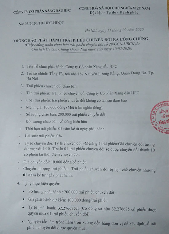 Công ty Cổ phần Xăng dầu HFC chào bán 200.000 trái phiếu chuyển đổi - Ảnh 1