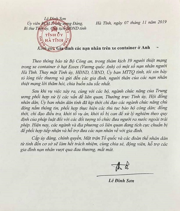 Lãnh đạo tỉnh Nghệ An, Hà Tĩnh gửi lời chia buồn tới gia đình các nạn nhân thiệt mạng ở Anh - Ảnh 1
