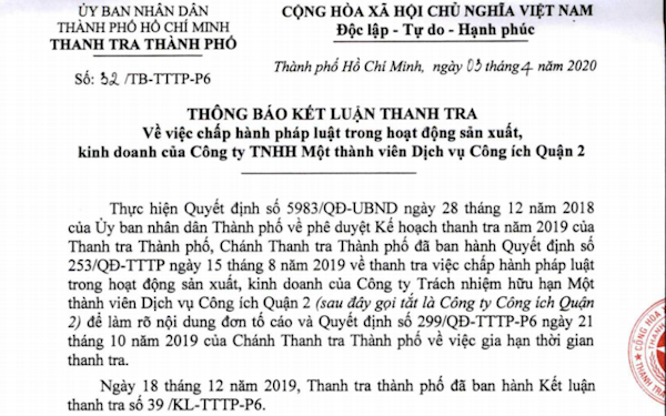 TP Hồ Chí Minh: Công bố hàng loạt kết luận sai phạm tại Công ty Dịch vụ Công ích quận 2 - Ảnh 1