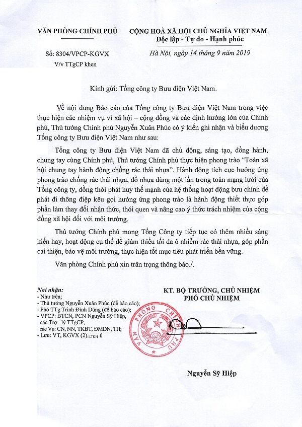 Thủ tướng Chính phủ biểu dương Bưu điện Việt Nam chung tay chống rác thải nhựa - Ảnh 1
