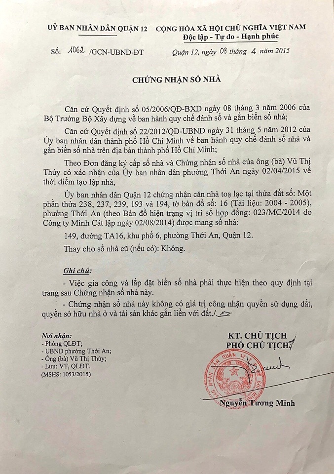 TP Hồ Chí Minh: Doanh nghiệp kiện UBND quận 12 vì… số nhà - Ảnh 1