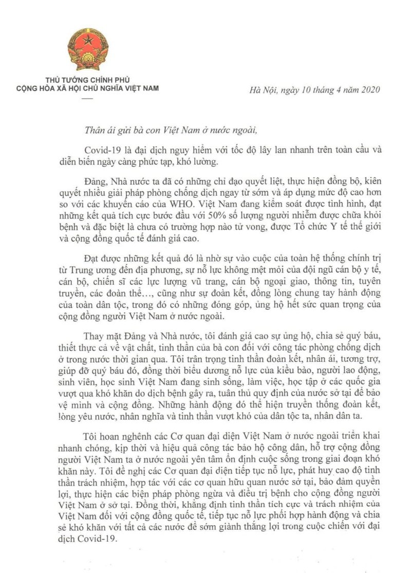 Thủ tướng Nguyễn Xuân Phúc gửi thư tới cộng đồng người Việt Nam ở nước ngoài - Ảnh 1