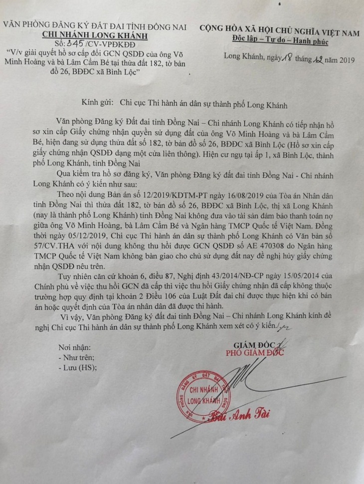 Vụ “Ngân hàng VIB không thi hành án”: Văn phòng ĐKĐĐ Long Khánh không làm theo luật! - Ảnh 1