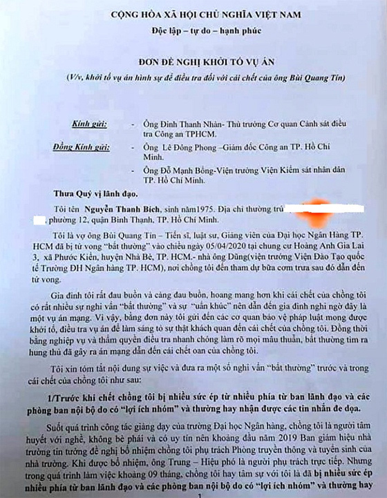 Vụ "Tiến sĩ, luật sư Bùi Quang Tín tử vong": Vợ nạn nhân có đơn đề nghị khởi tố vụ án - Ảnh 2