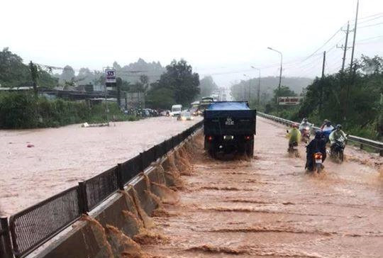 Quốc lộ 1 ngập sâu do mưa lớn, nhiều phương tiện ùn ứ ở Đồng Niai - Ảnh 1