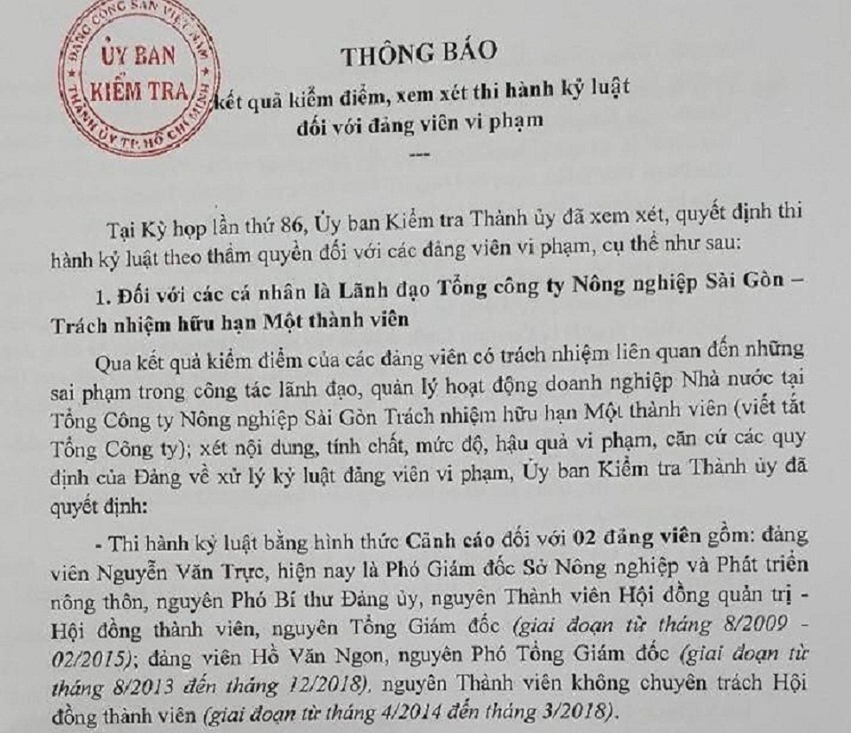 TP Hồ Chí Minh: Phó Giám đốc Sở NN&PTNT bị cảnh cáo do liên quan sai phạm tại SAGRI - Ảnh 1