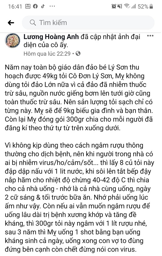 Huyện Lý Sơn đề nghị xử nghiêm chủ tài khoản facebook tung tin sai lệch về tỏi Cô đơn - Ảnh 1
