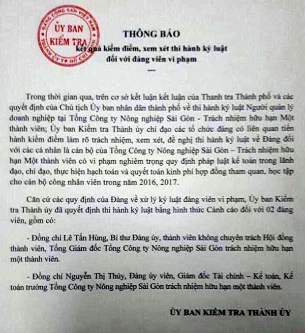 TP Hồ Chí Minh: Kỷ luật cảnh cáo về mặt Đảng Tổng Giám đốc SAGRI Lê Tấn Hùng - Ảnh 1
