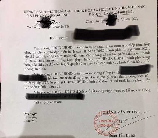 Văn bản do Ch&aacute;nh văn ph&ograve;ng UBND TP Thuận An (B&igrave;nh Dương) k&yacute; xin oanh nghiệp 500 triệu đồng