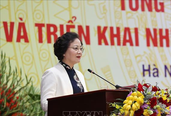 Bộ trưởng Bộ Nội vụ Phạm Thị Thanh Tr&agrave; ph&aacute;t biểu tại Hội nghị. Ảnh: Dương Giang/TTXVN