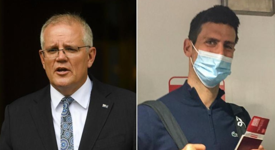 Thủ tướng Australia Scott Morrison (tr&aacute;i) v&agrave; tay vợt h&agrave;ng đầu thế giới&nbsp;Novak Djokovic. Ảnh: Straitstimes