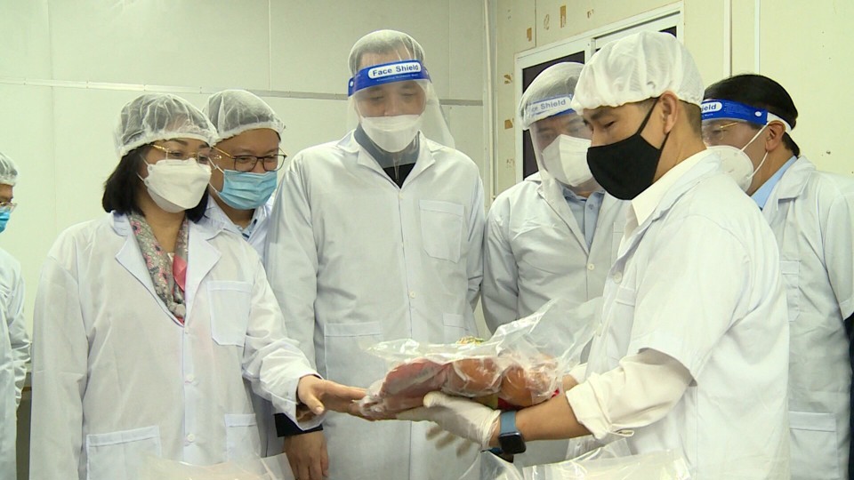 Đoàn công tác Bộ NN&PTNT kiểm tra sản xuất tại Công ty CP công nghệ thực phẩm Vinh Anh (huyện Thường Tín). Ảnh Tùng Trọng