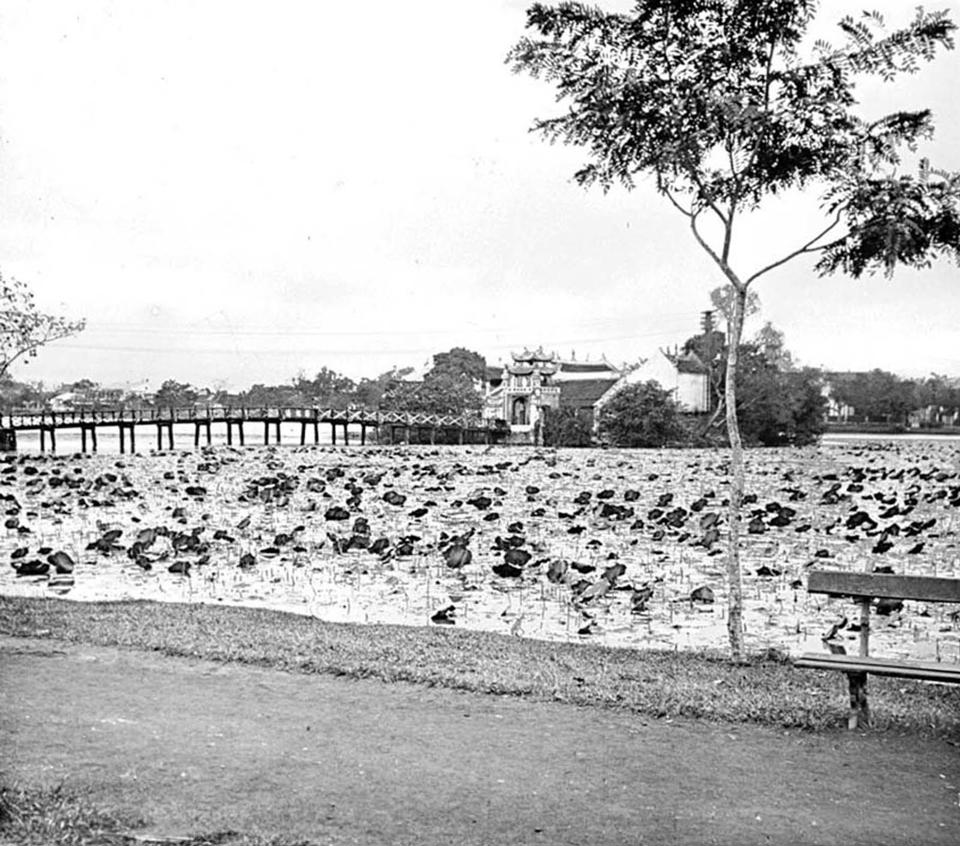 Cầu Th&ecirc; H&uacute;c v&agrave; đền Ngọc Sơn nh&igrave;n từ bờ&nbsp;hồ Gươm, H&agrave; Nội khoảng năm 1905-1908. Ảnh: Edgard Imbert.