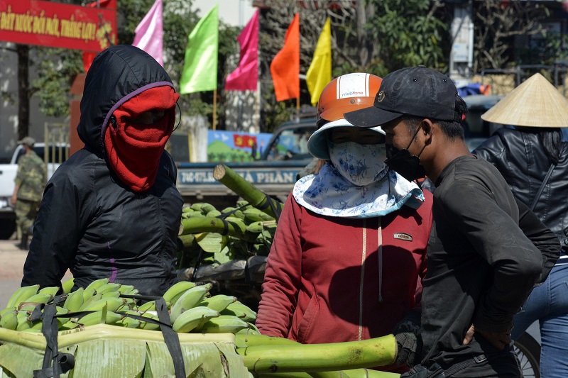 Hồ Văn Lơi (x&atilde; Thuận, huyện Hướng H&oacute;a) đang thỏa thuận gi&aacute; cả với những người thu mua chuối khi thấy Lơi mang b&aacute;n những buồng chuối đẹp tại chợ. Với 200 gốc chuối được chăm s&oacute;c tốt, mỗi vụ chuối Tết, Lơi thu về h&agrave;ng chục triệu đồng.