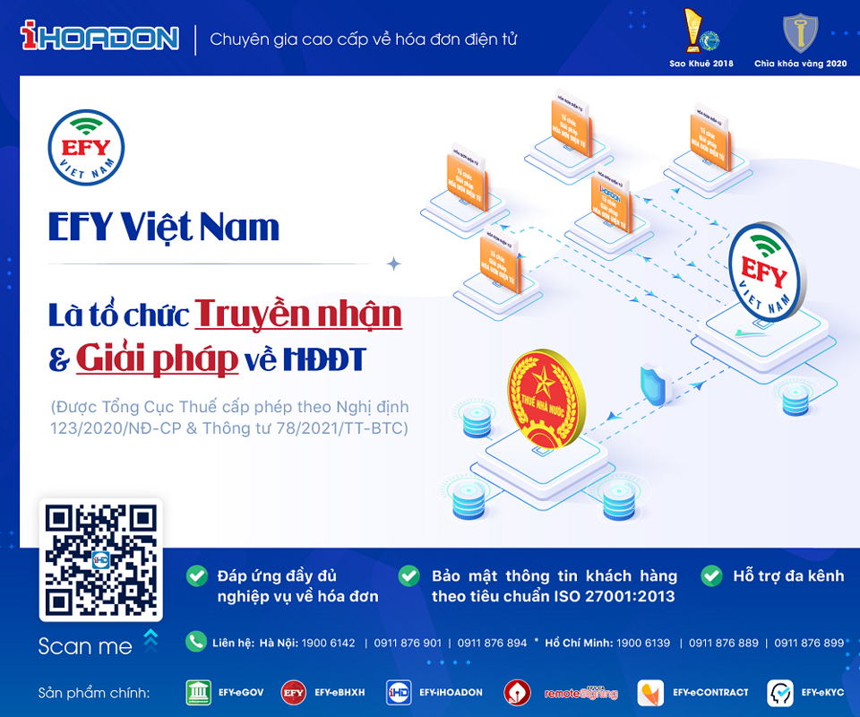 EFY Việt Nam đồng thời l&agrave; Tổ chức nhận truyền v&agrave; Giải ph&aacute;p h&oacute;a đơn điện tử &nbsp;