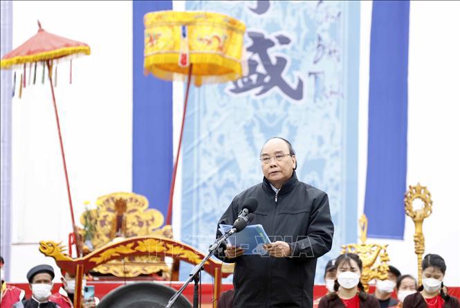 Chủ tịch nước Nguyễn Xu&acirc;n Ph&uacute;c ph&aacute;t biểu tại Lễ Tịch điền Đọi Sơn.&nbsp;