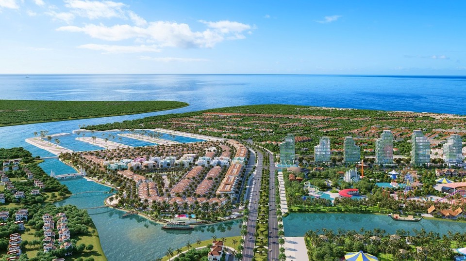 Sun Riverside Village nằm trong hệ sinh th&aacute;i tỷ đ&ocirc; của Sun Group tại Sầm Sơn. Ảnh phối cảnh minh họa