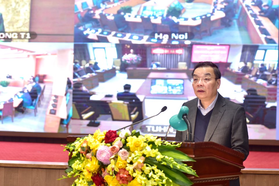 Chủ tịch UBND TP Hà Nội Chu Ngọc Anh phát biểu tại Hội nghị. Ảnh Phạm Hùng