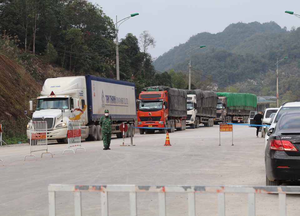 Xe nông sản chờ thông quan qua đường chuyên dụng vận tải hàng hóa cửa khẩu Tân Thanh-Pò Chài. Ảnh Quang Duy01